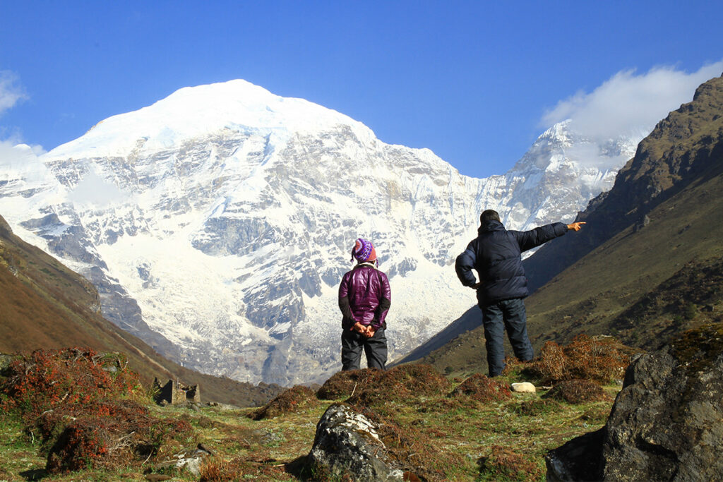 Trekkers viewing Mount Jomolhari on the Jomolhari Trek in Bhutan