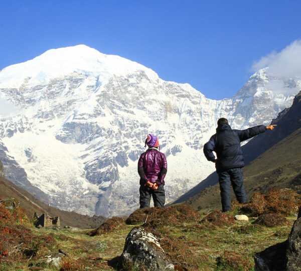 Trekkers viewing Mount Jomolhari on the Jomolhari Trek in Bhutan