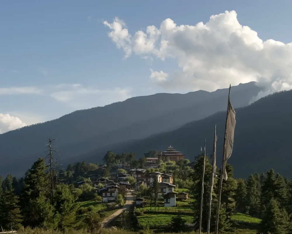 BHUTAN, Central Bhutan 10/2006
Phobjika Valley: a glacial valley is the chosen home for rare black-necked cranes, which spend the winters here (they migrate from the Tibetan plateau).
Gangtey Village and Monastery: the monastery was established 1613
©Josef Polleross
