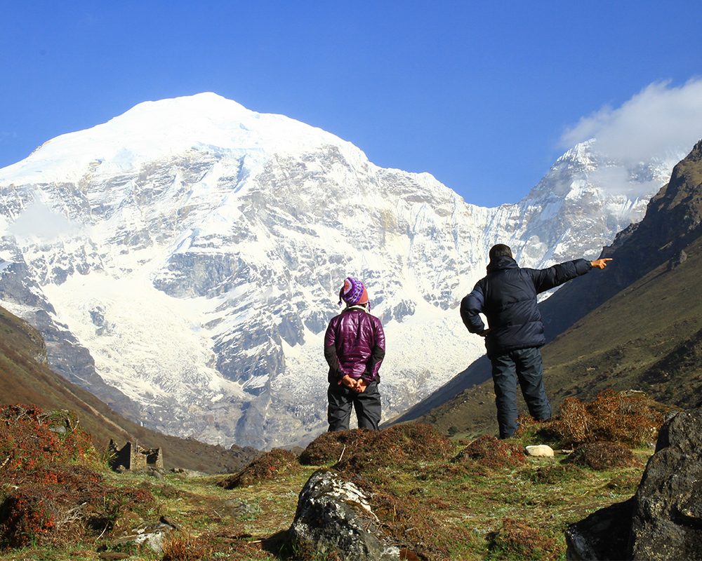 Trekkers viewing Mount Jomolhari on the Jomolhari Trek in Bhutan